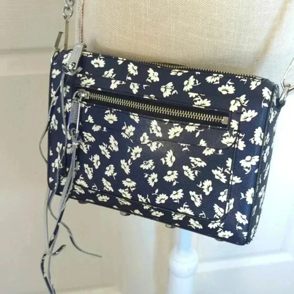 Rebecca Minkoff Avert Crossbody Saffiano Leather Black & White Floral Handbag